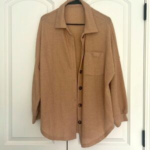 Waffle Button Down Shirt Women Casual Knit Tops Long Sleeve Loose Fit Shacket